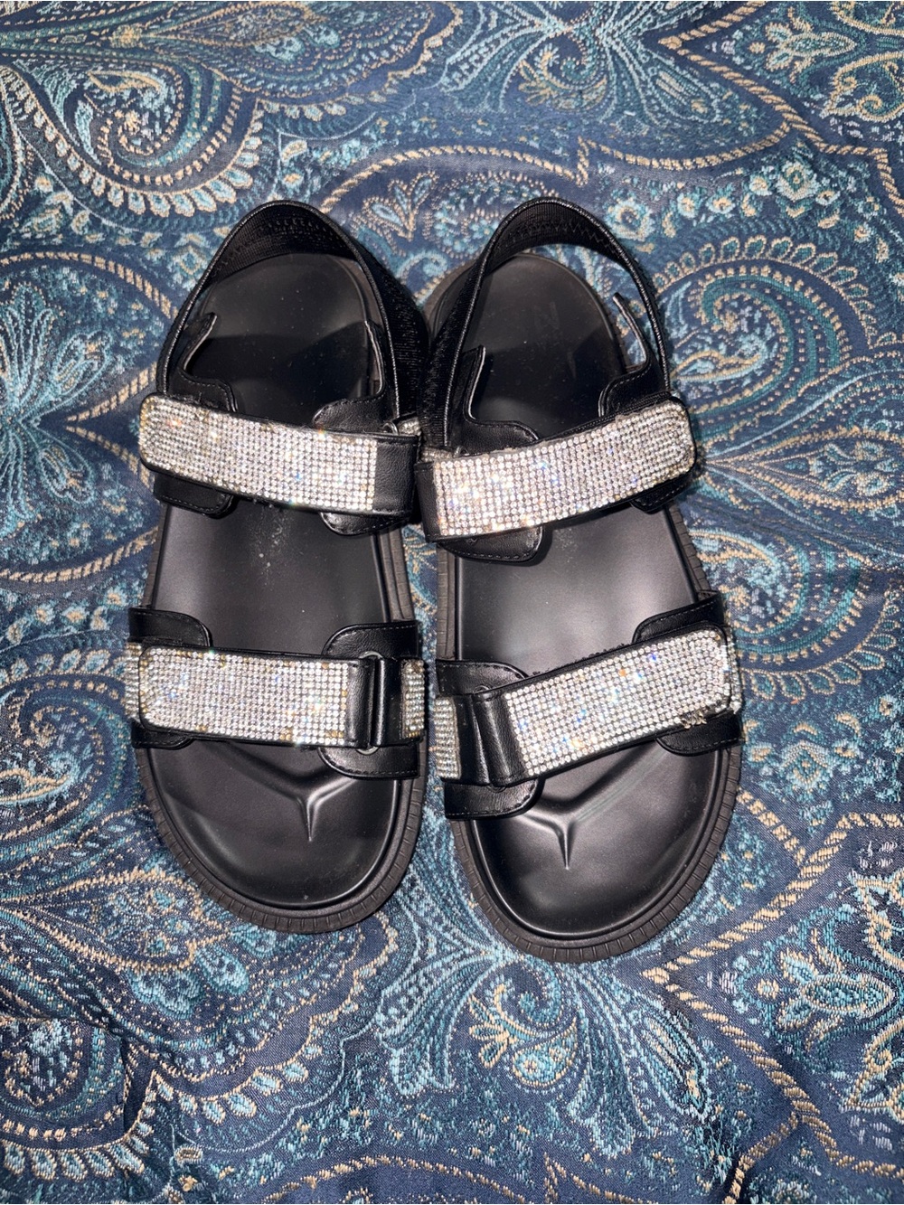 Kids Black Rhinestone Strap Sandals